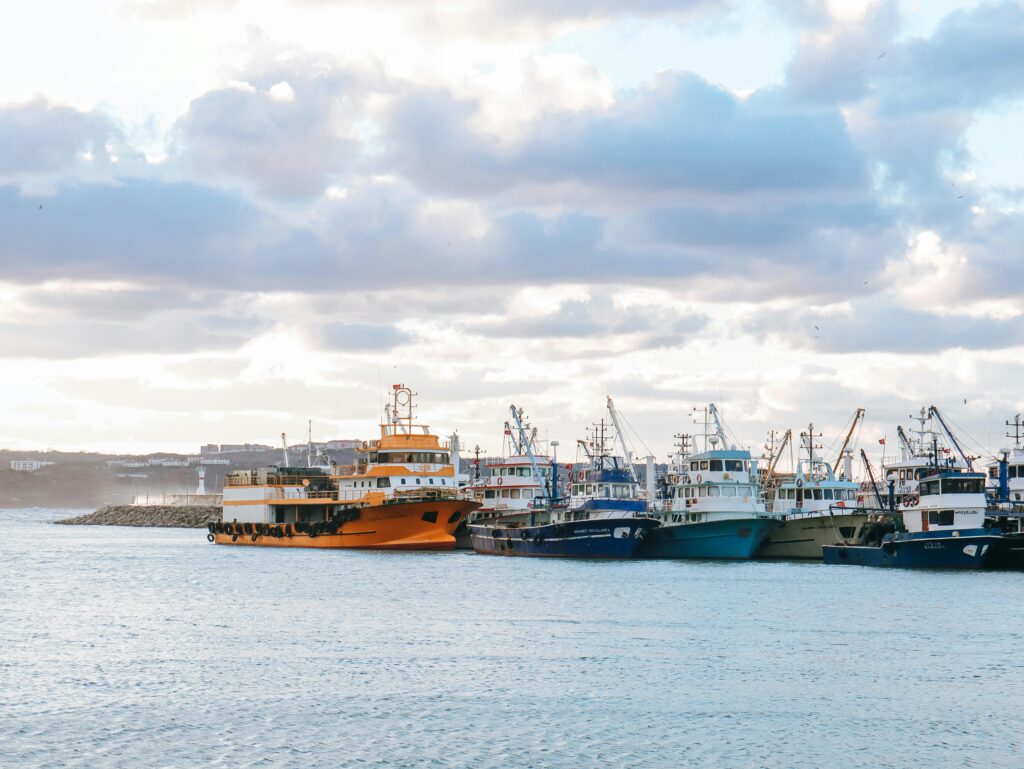 pexels-photo-29544364-29544364 A variety of colorful fishing boats docked at a harbor during daytime under partly cloudy skies.